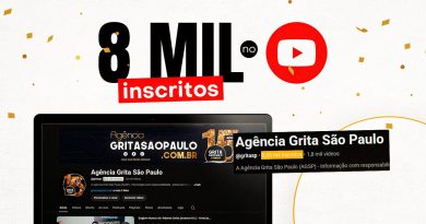 Grita São Paulo atinge 8 mil inscritos no Youtube. Agradecemos a interação com o nosso conteúdo!